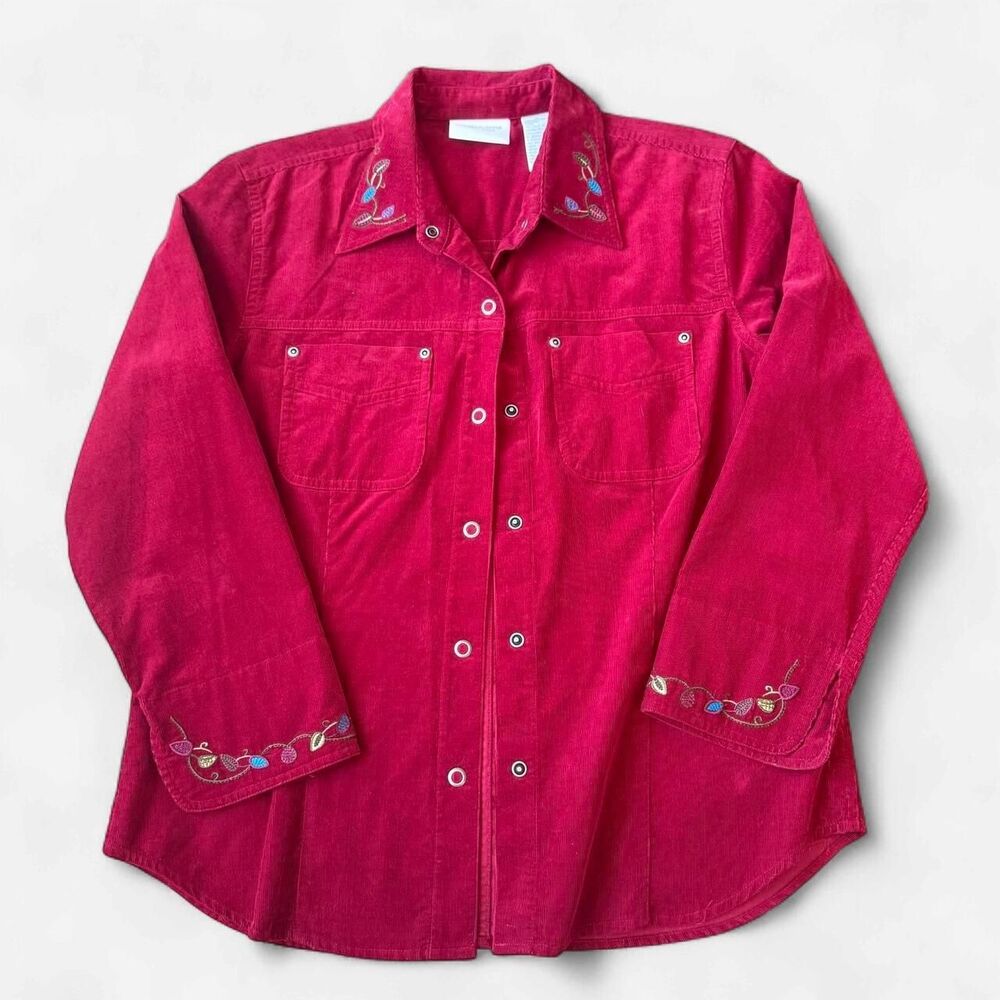 Liz Claiborne Red Corduroy Button Up Embroidered